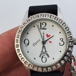 Eiffel Tower 28MM Women's Watch Crystal Bezel Black Plastic Bands New Battery